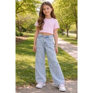 Tween Diva Girls Light Wash Wide Leg Bow Applique Jeans Blue Size 12 F454085